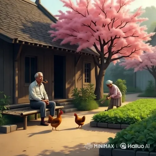 Peaceful Rural Life: Cherry Blossoms, Chickens, and Gardening – AI Generated Video | Hailuo AI