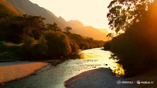 Tranquil River to Majestic Mountain Sunset Panorama – AI Generated Video | Hailuo AI
