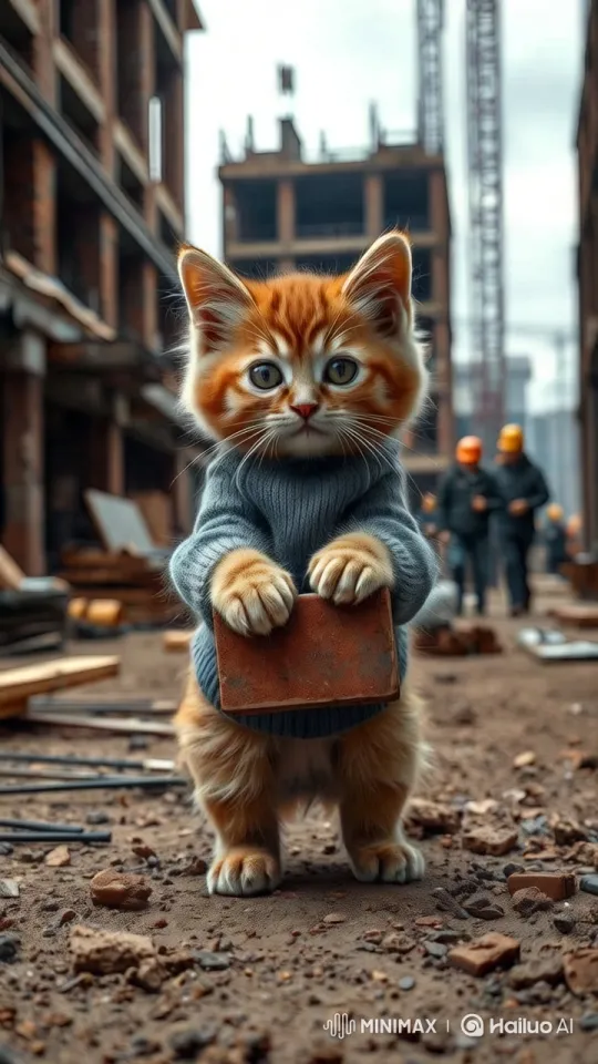 Vulnerable Kitten Struggles with Brick at Construction Site – AI Generated Video | Hailuo AI