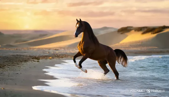 Sunset Horse Gallop on Majestic Shoreline – AI Generated Video | Hailuo AI