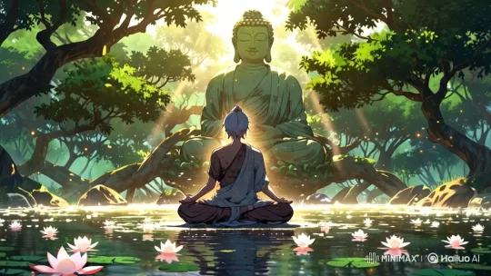Meditation Scene with Buddha Statue Amidst Nature – AI Generated Video | Hailuo AI