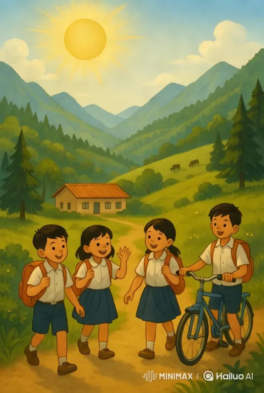 Students Walk Cheerfully to School in Scenic Countryside – AI Generated Video | Hailuo AI