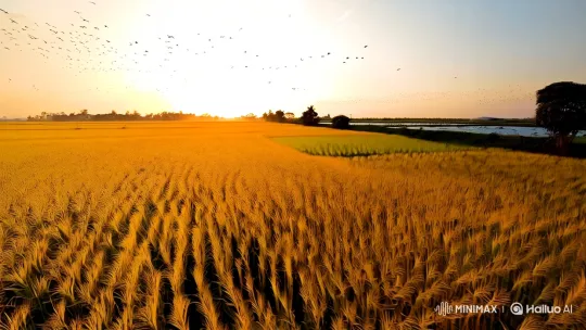 Golden Rice Field Harmony with Birds and Fish Farm – AI Generated Video | Hailuo AI