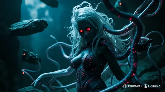 Ethereal Figure with Red Accent in Dark Cavern – AI Generated Video | Hailuo AI