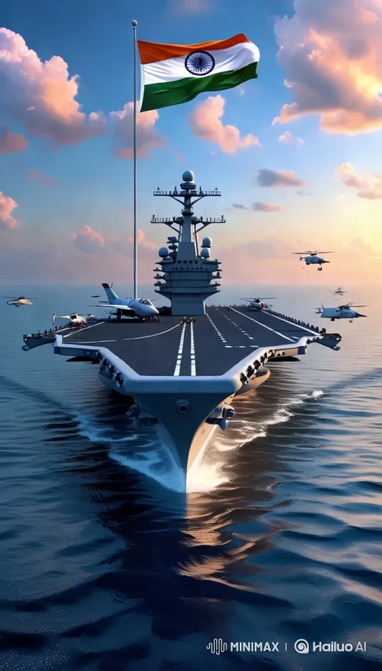 Indian Aircraft Carrier Showcases Power Amidst Sunset Ocean Beauty – AI Generated Video | Hailuo AI