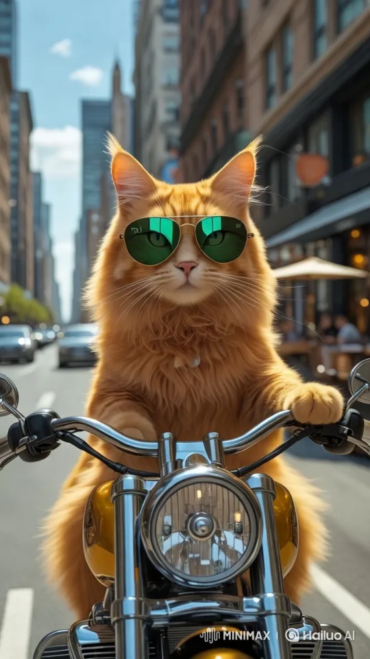 Stylish Cat on Motorcycle Cruises City Streets – AI Generated Video | Hailuo AI