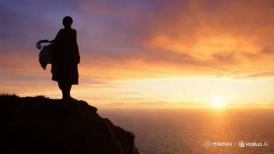 Sole Figure Contemplates Dusk Over Expansive Ocean – AI Generated Video | Hailuo AI