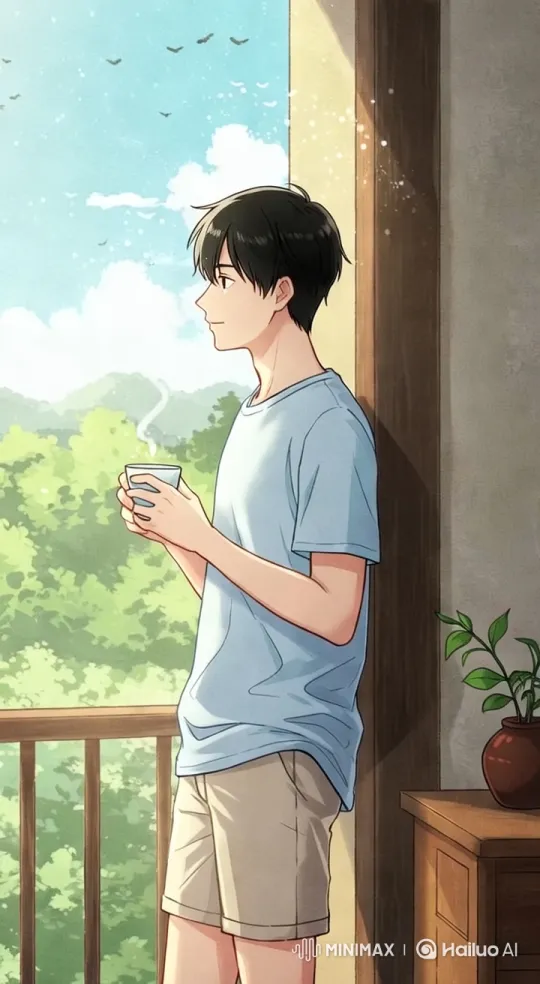 Morning Tranquility: Man Enjoying Coffee on Forest Balcony – AI Generated Video | Hailuo AI