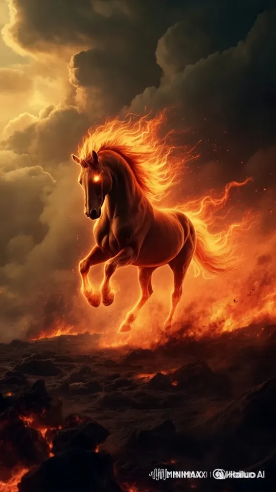 Flaming Horse Gallops Through Fiery Landscape – AI Generated Video | Hailuo AI