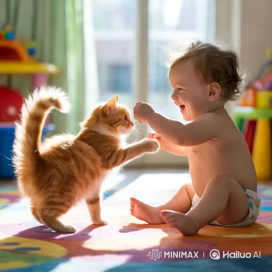 Child and Ginger Cat Engage in Playful Interaction – AI Generated Video | Hailuo AI
