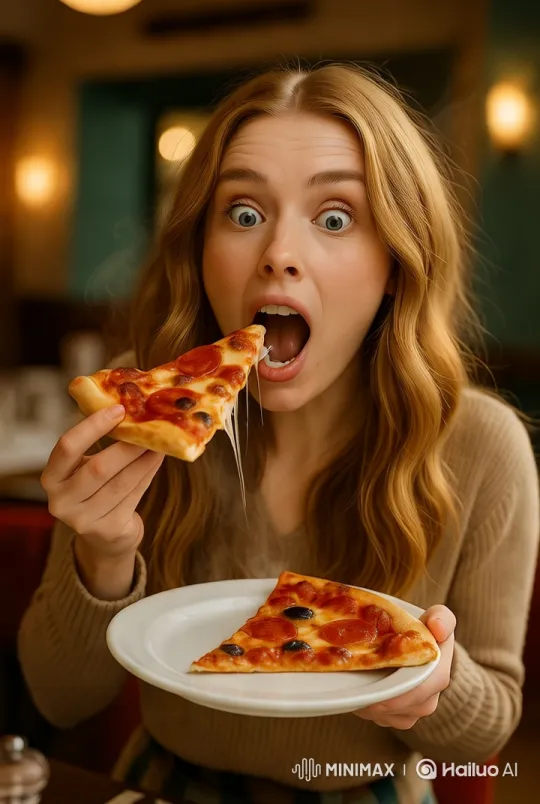 Woman Enjoying Pizza in Cozy Indoor Setting – AI Generated Video | Hailuo AI