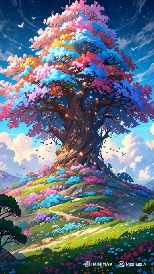 Vibrant Hilltop Tree Amidst Colorful Flowers – AI Generated Video | Hailuo AI