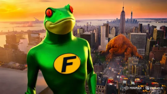 Frog Hero Faces Monster in New York Twilight – AI Generated Video | Hailuo AI