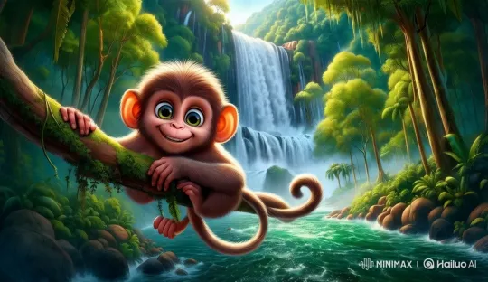 Jungle Serenity: Curious Monkey Amidst Waterfall Mist – AI Generated Video | Hailuo AI