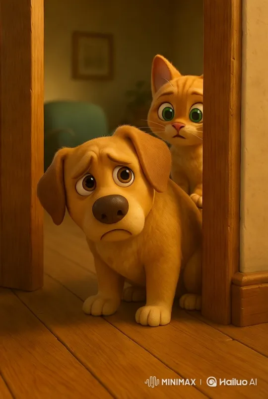 Clever Dog Peeks at Mischievous Cat Stealing Fish – AI Generated Video | Hailuo AI