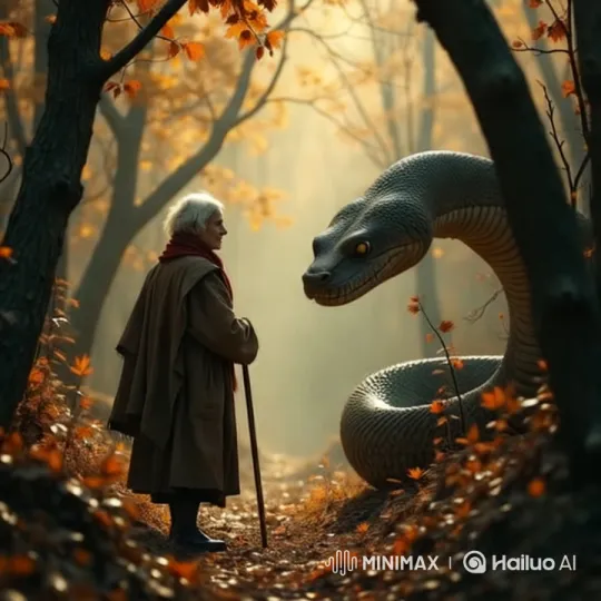 Aesthetic Attack: Elderly Man Confronted by Python in Autumn Forest – AI Generated Video | Hailuo AI