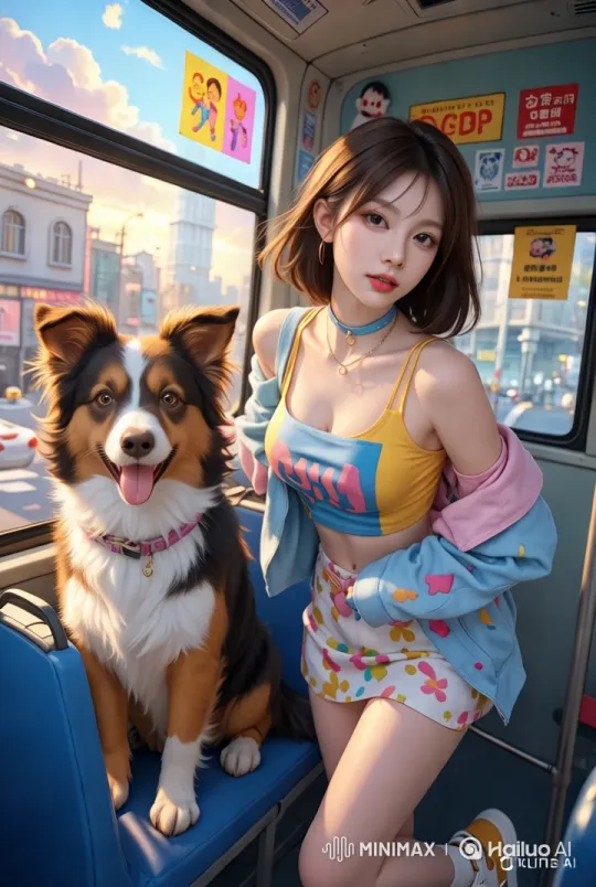 Girl and Dog Enjoy City View on Colorful Bus – AI Generated Video | Hailuo AI