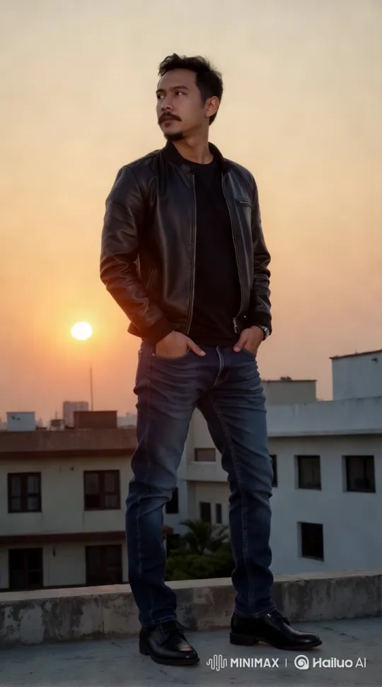 Dramatic Rooftop Portrait of Confident Man at Sunset – AI Generated Video | Hailuo AI
