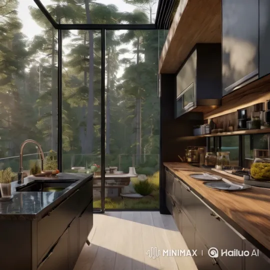 Modern Kitchen Meets Serene Forest in Cinematic Video – AI Generated Video | Hailuo AI