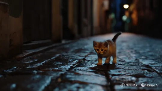 Lost Kitten Searches Dim Alley for Mother – AI Generated Video | Hailuo AI