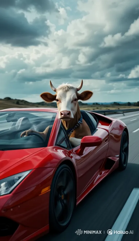 Lifelike Cow Skillfully Drives Lamborghini on Coastal Highway – AI Generated Video | Hailuo AI