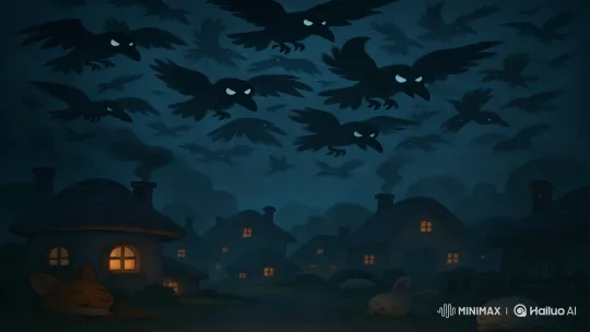 Animated Suspense: Crows Threaten Pixar Village at Night – AI Generated Video | Hailuo AI