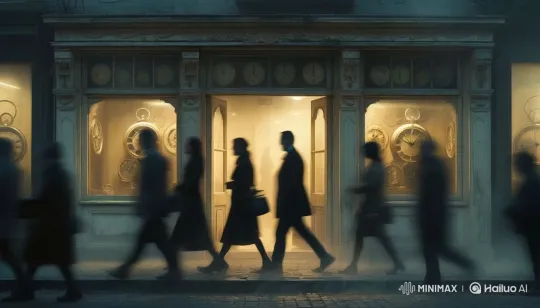 Mysterious Shop with Glowing Clocks Amidst Busy Street – AI Generated Video | Hailuo AI