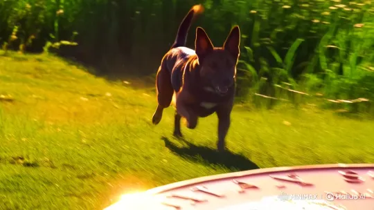 Dog Chases Enormous Penny in Sunlit Field – AI Generated Video | Hailuo AI