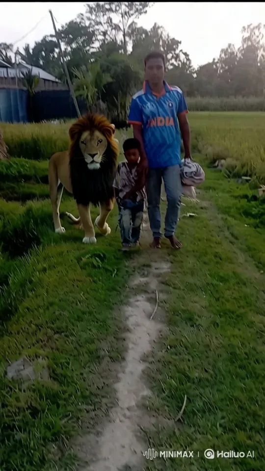 Man, Child, and Lion Walk Through Rural Landscape – AI Generated Video | Hailuo AI