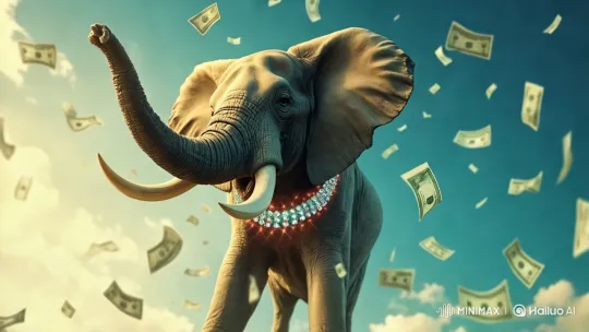 Luxurious Elephant with Floating Dollars in Opulent Scene – AI Generated Video | Hailuo AI