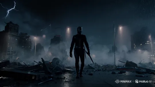 Masked Warrior Walks Through Post-Apocalyptic Ruins – AI Generated Video | Hailuo AI