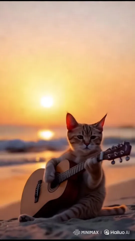 Cat Strums Guitar on Serene Sunset Beach – AI Generated Video | Hailuo AI
