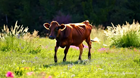 Charming Cow Delights in Sunlit Meadow Dance – AI Generated Video | Hailuo AI