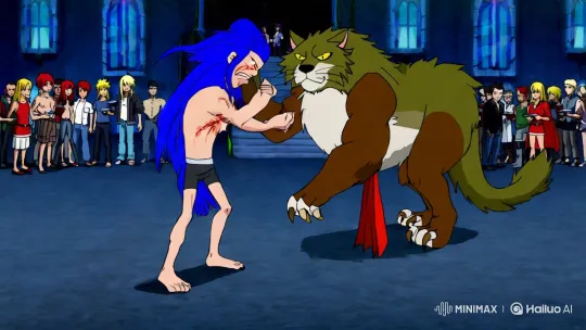 Muscular Man Battles Hairy Creature at Fairy Tail Guild – AI Generated Video | Hailuo AI