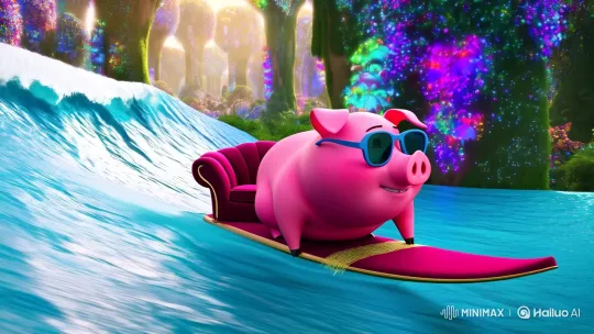 Whimsical Pig Surfs Enchanted Forest on Velvet Couch – AI Generated Video | Hailuo AI