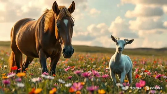 Horse and Goat Amidst Wildflowers at Sunset – AI Generated Video | Hailuo AI