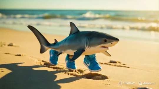 Shark in Sneakers Runs on the Beach – AI Generated Video | Hailuo AI