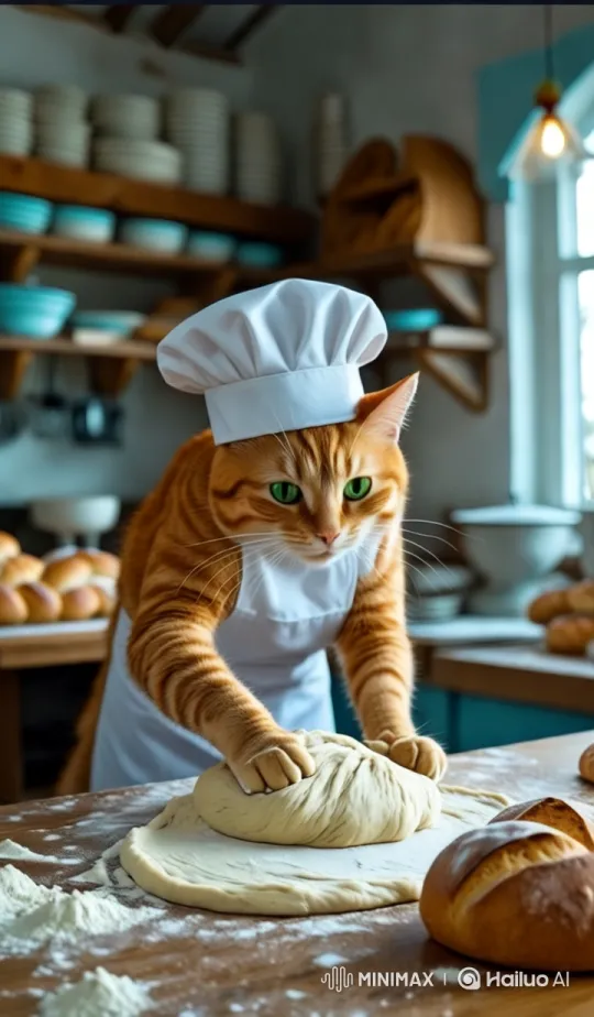 Whiskers the Cat Bakes with Charm in Cozy Kitchen – AI Generated Video | Hailuo AI
