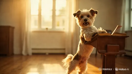Dog Mimics Reading in Sunlit Room with Aesthetic Charm – AI Generated Video | Hailuo AI