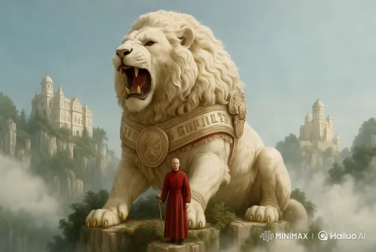 White Lion and Man in Red on Mountain Landscape – AI Generated Video | Hailuo AI