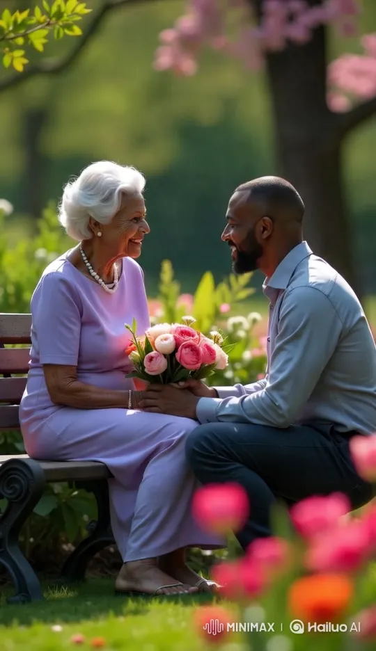 Elderly Woman Receives Flowers in Serene Garden – AI Generated Video | Hailuo AI