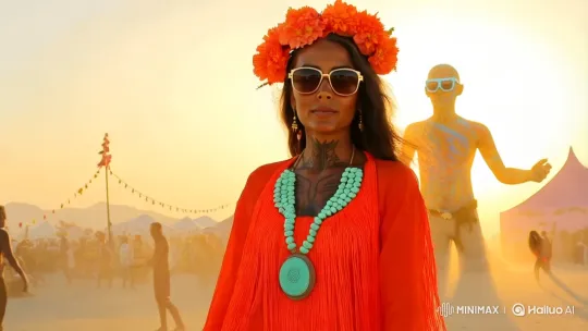 Confident Woman in Tribal Festival Amidst Desert Sunset – AI Generated Video | Hailuo AI