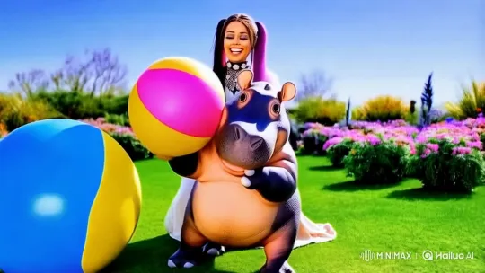 Hippo and Woman Playful Catch in Vibrant Garden – AI Generated Video | Hailuo AI
