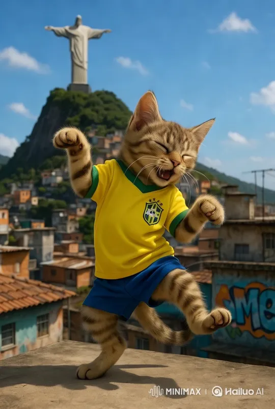 Tabby Cat Dances Joyfully on Rio Rooftop – AI Generated Video | Hailuo AI