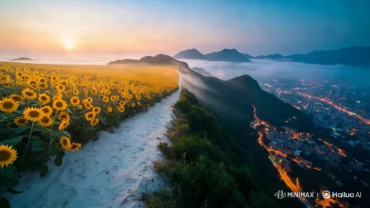 Sunflower Field to Bustling Cityscape Transition – AI Generated Video | Hailuo AI