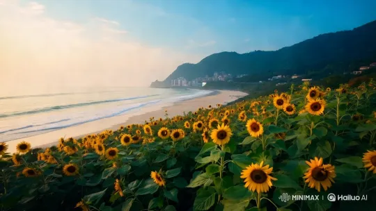 Sunflower Field Meets Coastal Serenity – AI Generated Video | Hailuo AI