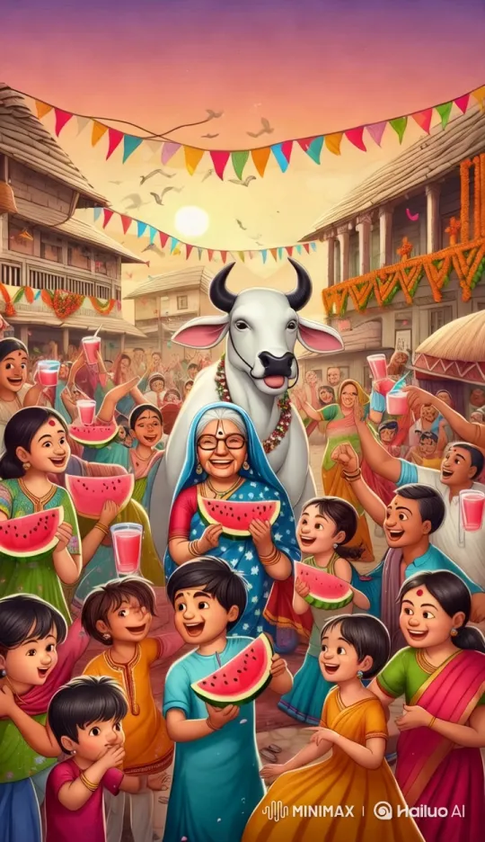 Village Celebration with Grandmother and Cow – AI Generated Video | Hailuo AI