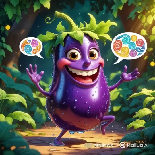 Cheerful Eggplant Dances in Lush Forest Setting – AI Generated Video | Hailuo AI