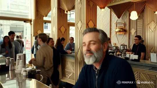 Reflections of Time: Man Sips Espresso in Art Deco Bar – AI Generated Video | Hailuo AI