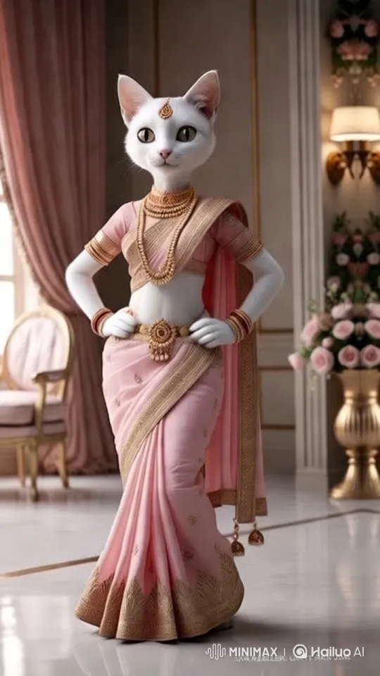 Elegant Cat in Luxurious Saree Showcases Opulent Surroundings – AI Generated Video | Hailuo AI